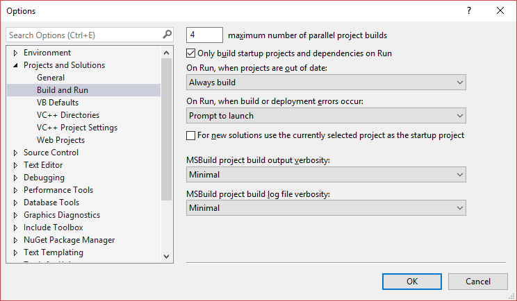 Visual Studio's Build and Run options page