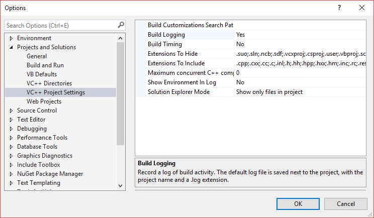 Visual Studio's VC++ Project Settings options page